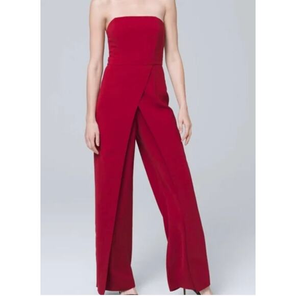 White House Black Market Strapless Split Leg Jumpsuit 4 Red Wide Leg - Picture 1 of 14